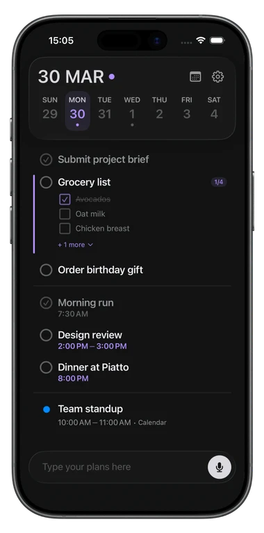 MyTimeo turning a spoken sentence into a scheduled day on iPhone